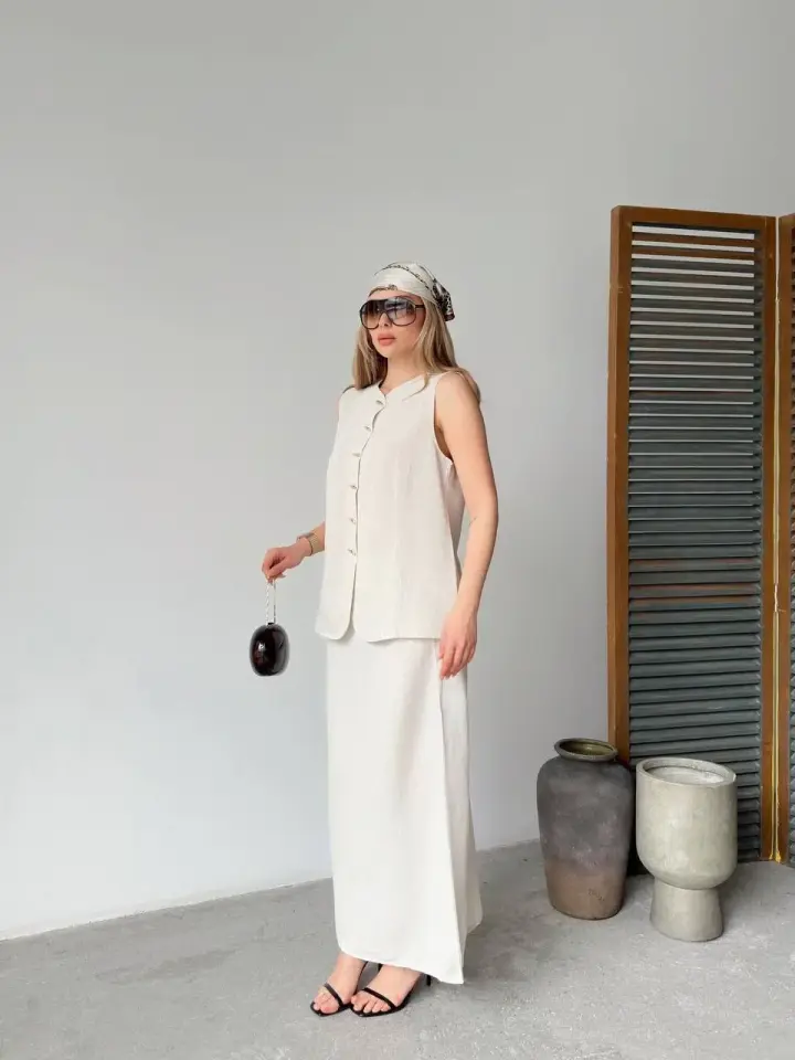 Keten Kolsuz Sıfır Yaka İlik Düğmeli Kolsuz Hırka Etek ikili Takım- Beyaz