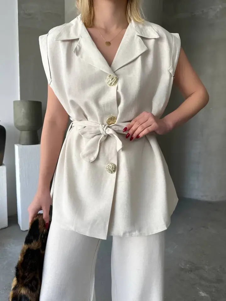 Keten Sıfır Kol Kuşaklı Ceket Pantolon ikili Takım - Beyaz