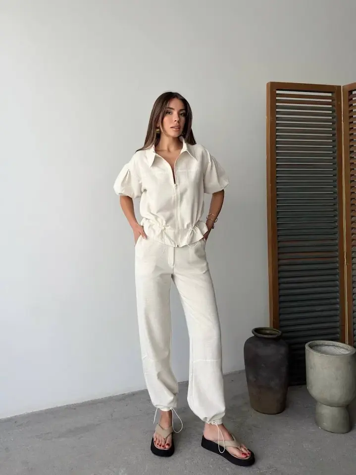 Keten Tam Fermuarlı Kısa kollu Gömlek Pantolon ikili Takım - Beyaz
