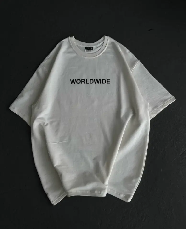 Unisex Bisiklet Yaka Baskılı Oversize T-Shirt - Beyaz