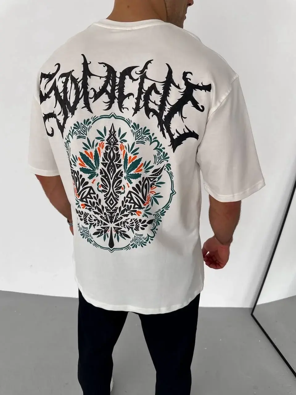 Unisex Bisiklet Yaka Baskılı Oversize T-Shirt - Beyaz