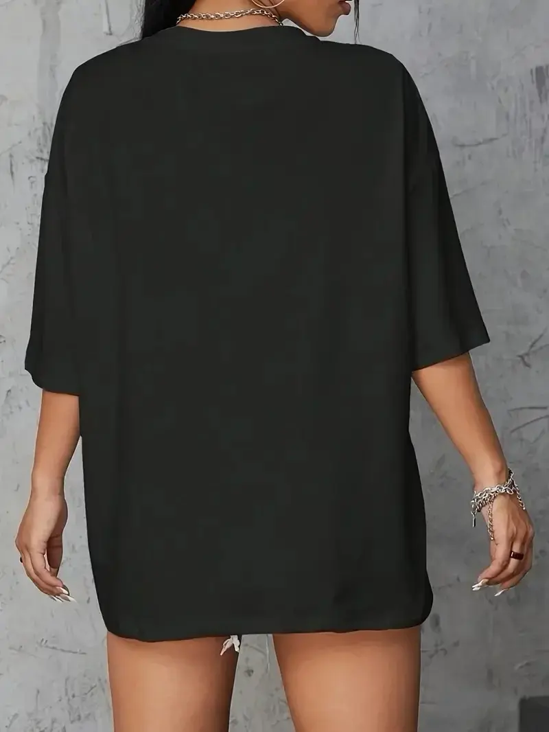 Brooklyn Harf Baskılı Düşük Omuzlu T-shirt, Rahat Kısa Kollu Bol T-shirt, Kadın Giyim - Siyah