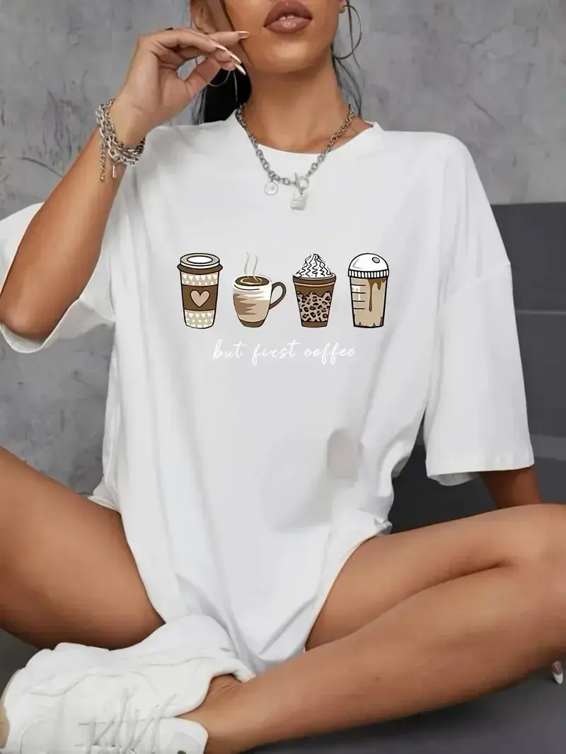 20/1 Penye Compack Baskılı Oversize Kahve Desenli Kadın Kısa Kol T-shirt - Beyaz