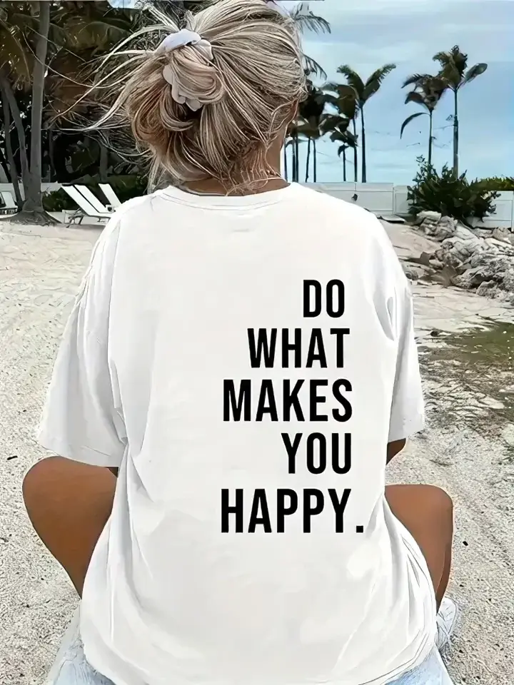 ''Do What Makes You Happy'' Oversize Baskılı T-shirt - Beyaz