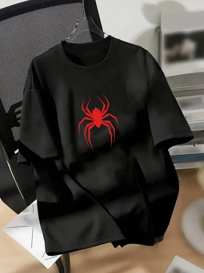 Penye Compack Spider Baskılı Oversize Unisex Kısa Kol Yazlık T-shirt - Siyah