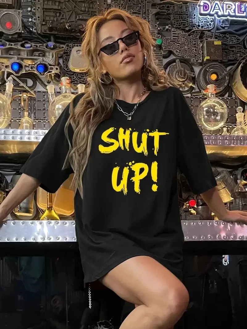 Penye Compack Shut up Baskılı Oversize Bisiklet Yaka Kısa Kol T-shirt - Siyah