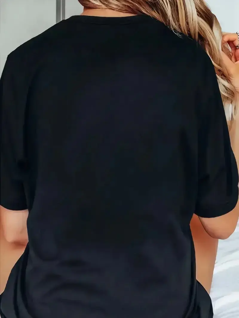 Penye Compack Baskılı Oversize Bisiklet Yaka Kısa Kol T-shirt - Siyah