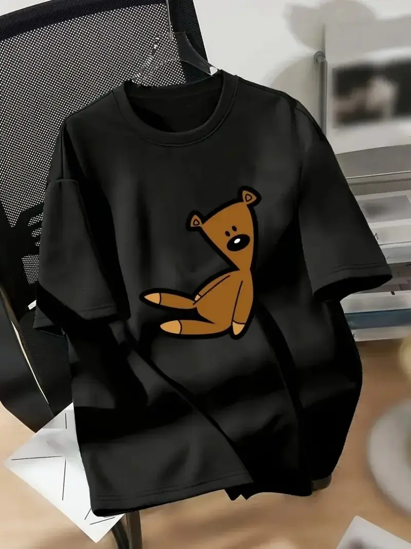 Penye Compack Ayı Baskılı Oversize Bisiklet Yaka Kısa Kol T-shirt - Siyah