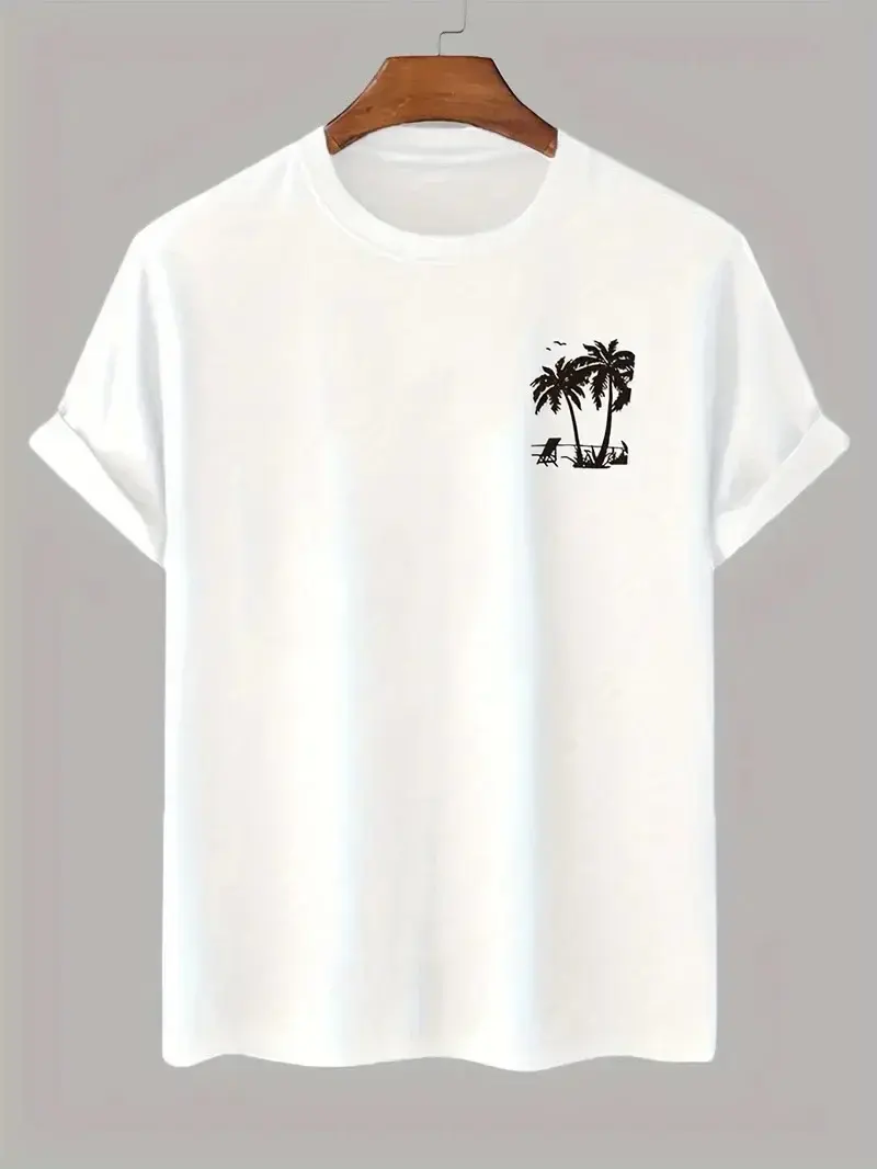 20/1 Penye Compack Palmiye Baskılı Oversize Bisiklet Yaka Kısa Kol T-shirt - Beyaz