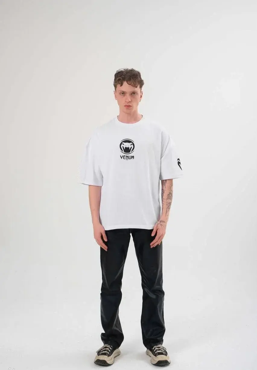 Unisex Bisiklet Yaka Baskılı Oversize T-Shirt - Beyaz