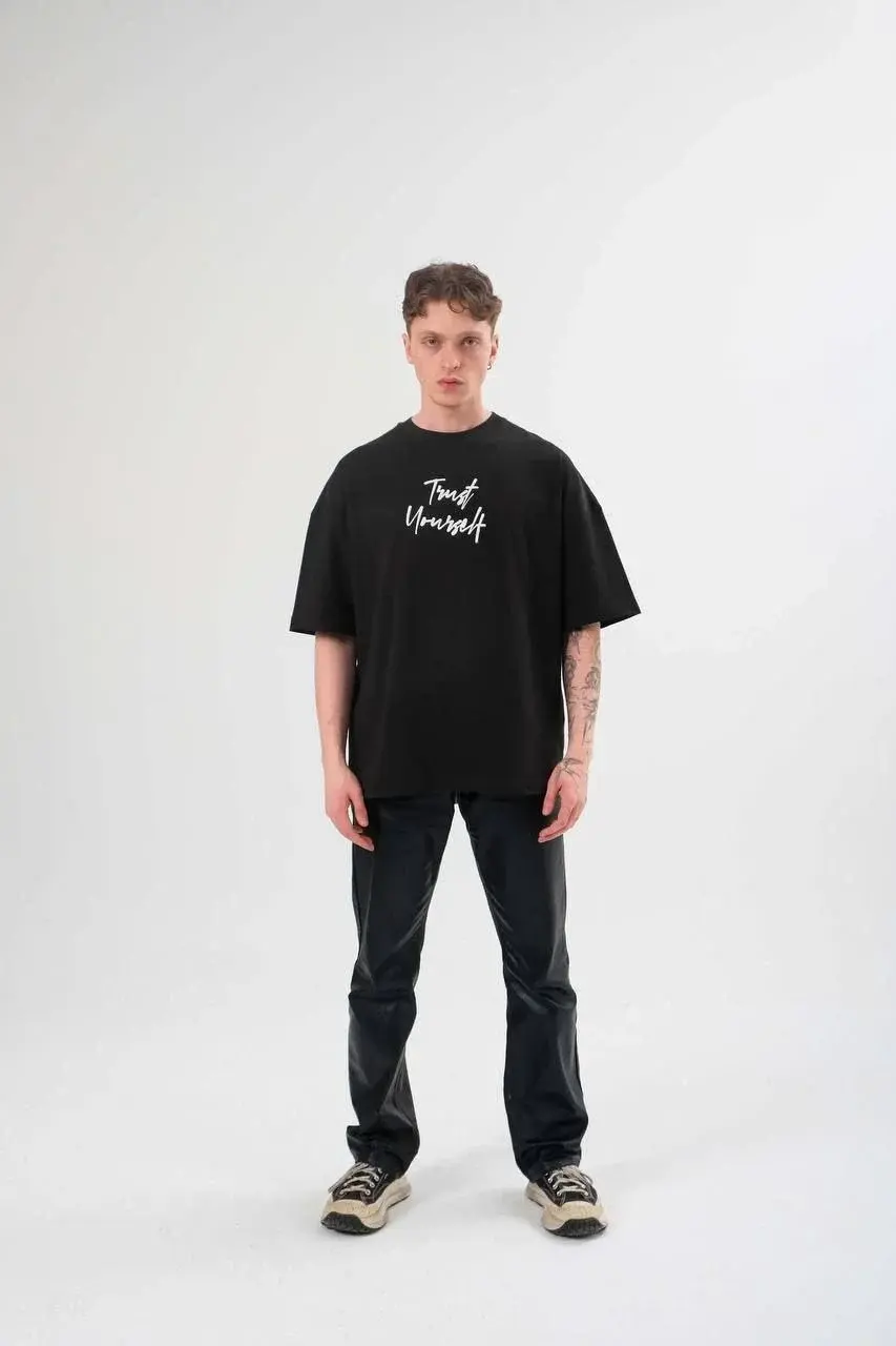 Unisex Bisiklet Yaka Baskılı Oversize T-Shirt - Siyah