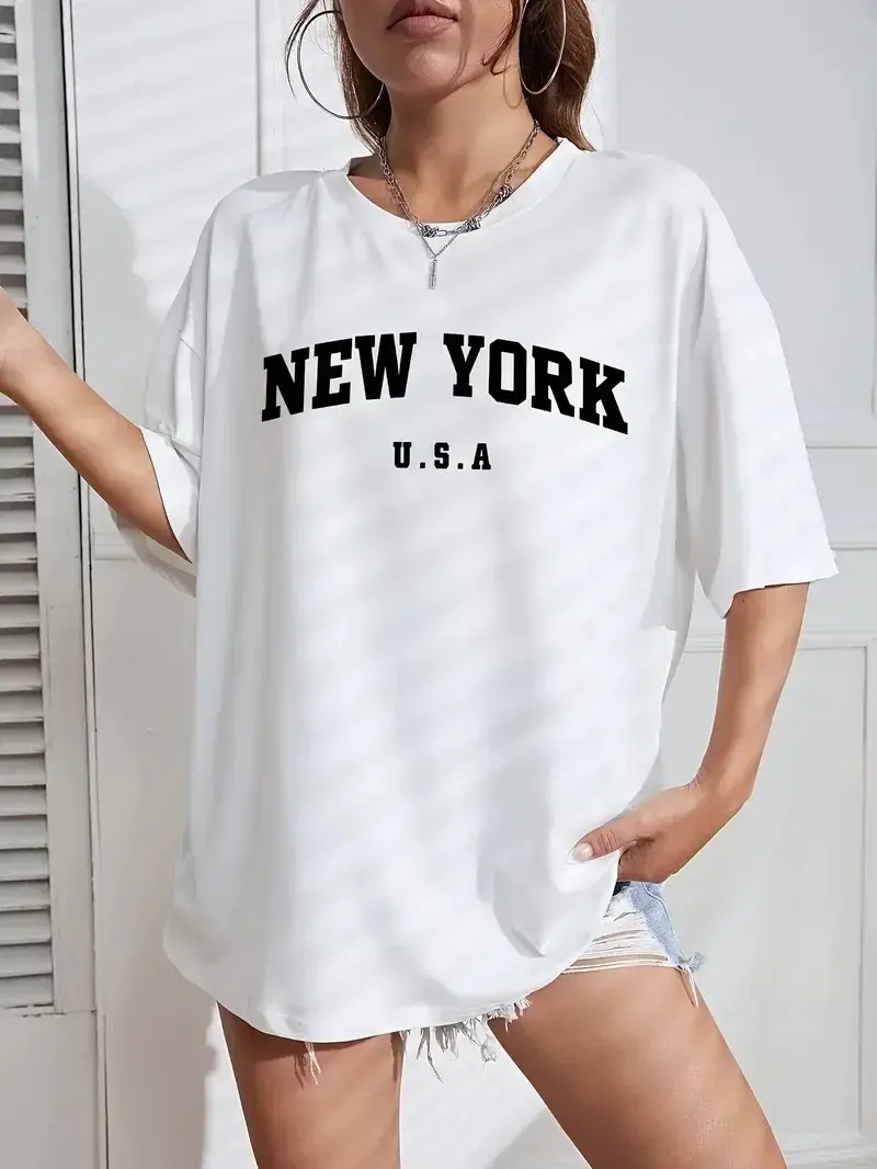Penye CompackNew York Baskılı Oversize Kısa Kol Bisiklet Yaka T-shirt - Beyaz