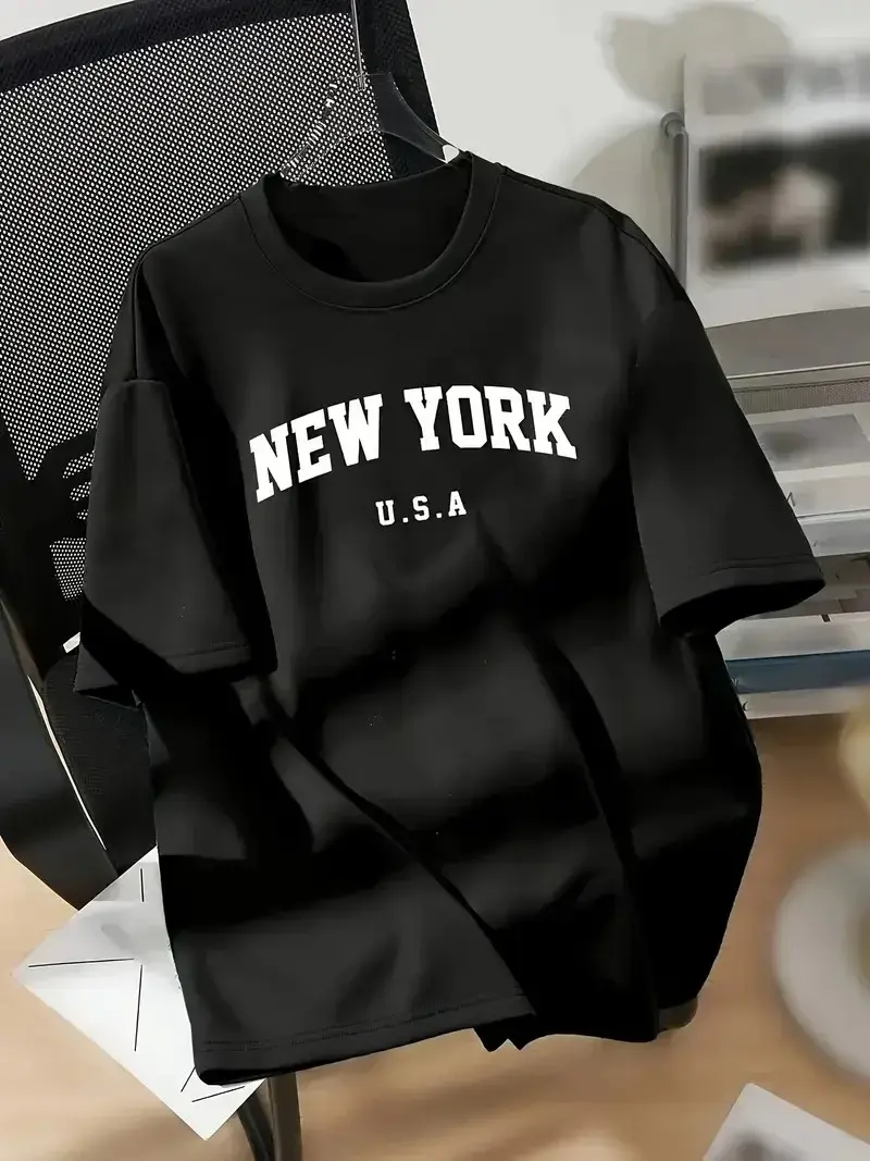Penye Compack New York Baskılı Oversize Kısa Kol Bisiklet Yaka T-shirt - Siyah