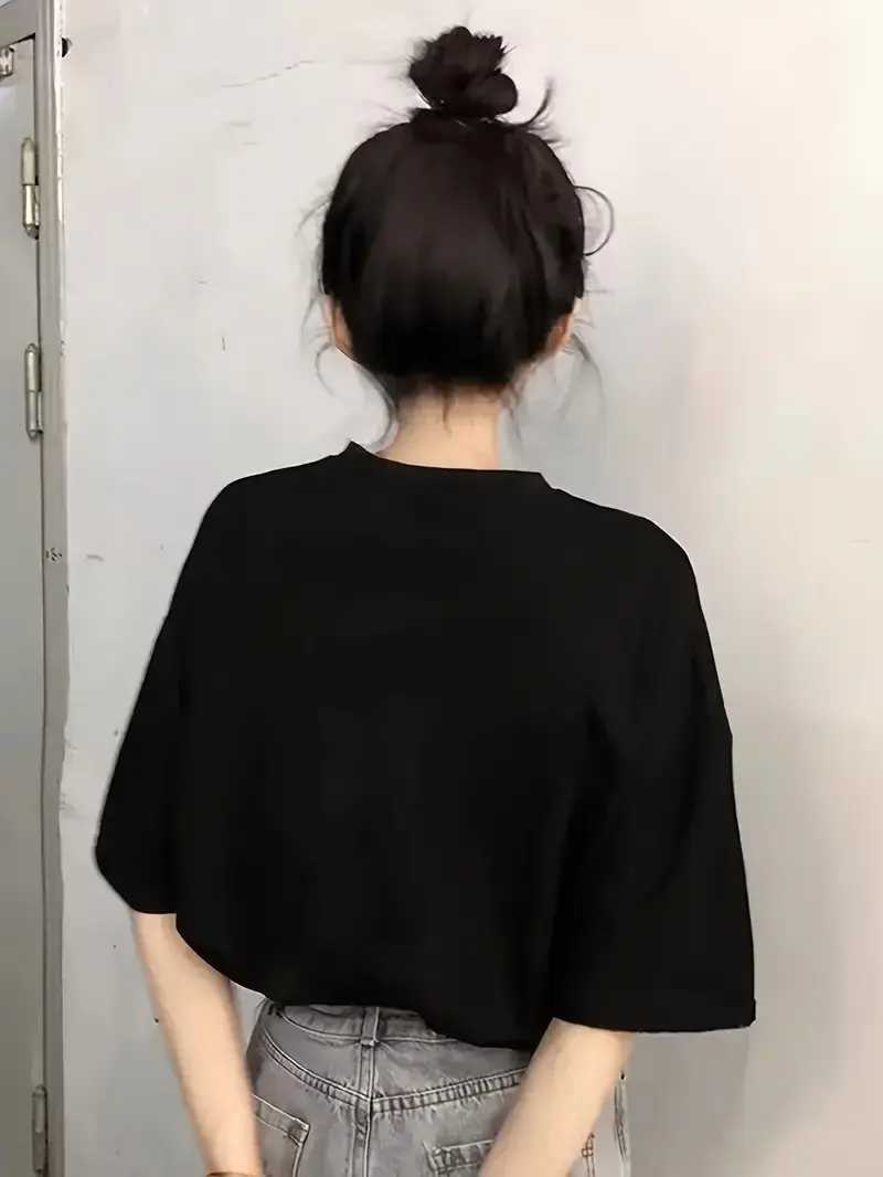 Penye Compack Baskılı Oversize Kısa Kol Bisiklet Yaka T-shirt - Siyah