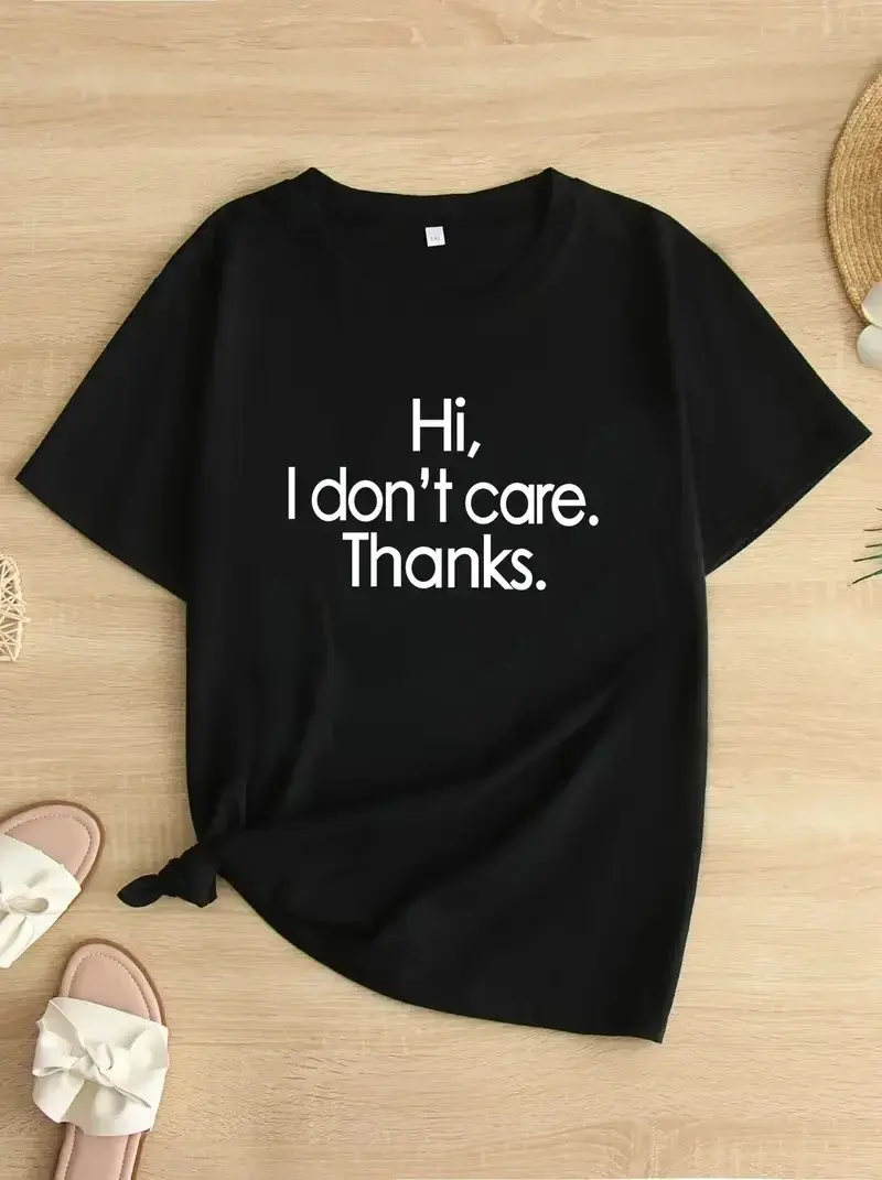 ''Hi, I don't care. Thanks'' Baskılı Oversize Bisiklet Yaka T-shirt - Siyah