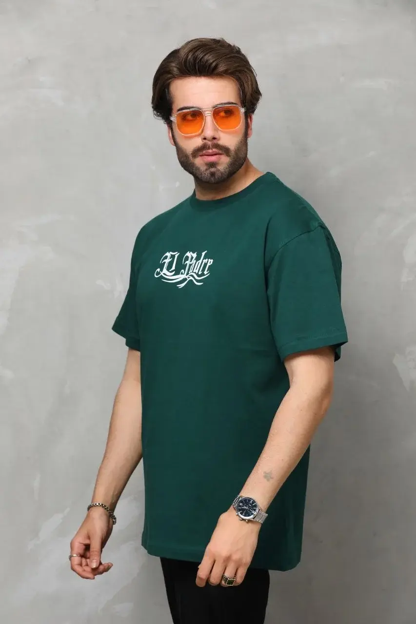 Unisex Bisiklet Yaka Baskılı Oversize T-Shirt - Yeşil