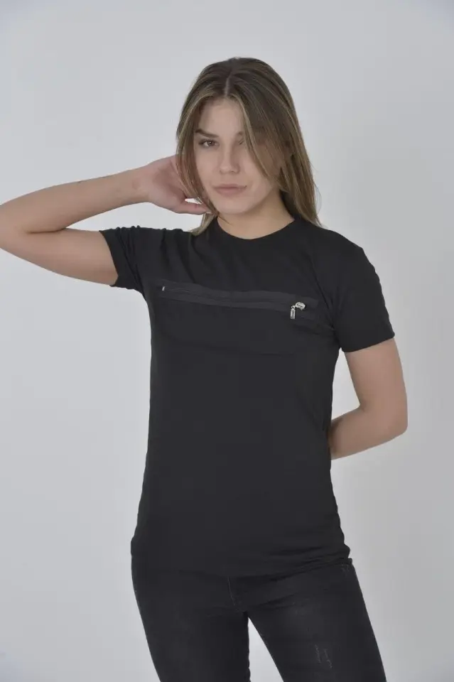 Kadın Göğüste Fermuar Aksesuarlı Dar Kalıp T-Shirt - Siyah