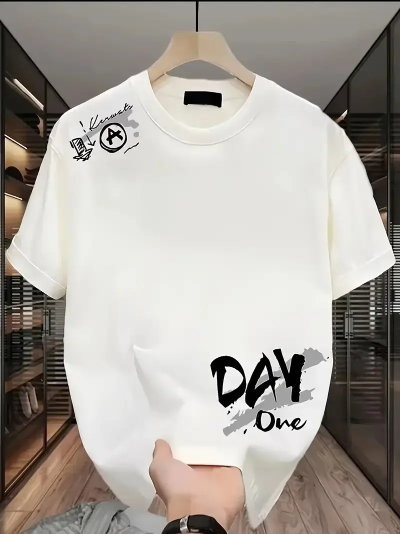 Day One Baskılı Oversize Bisiklet Yaka T-shirt - Beyaz