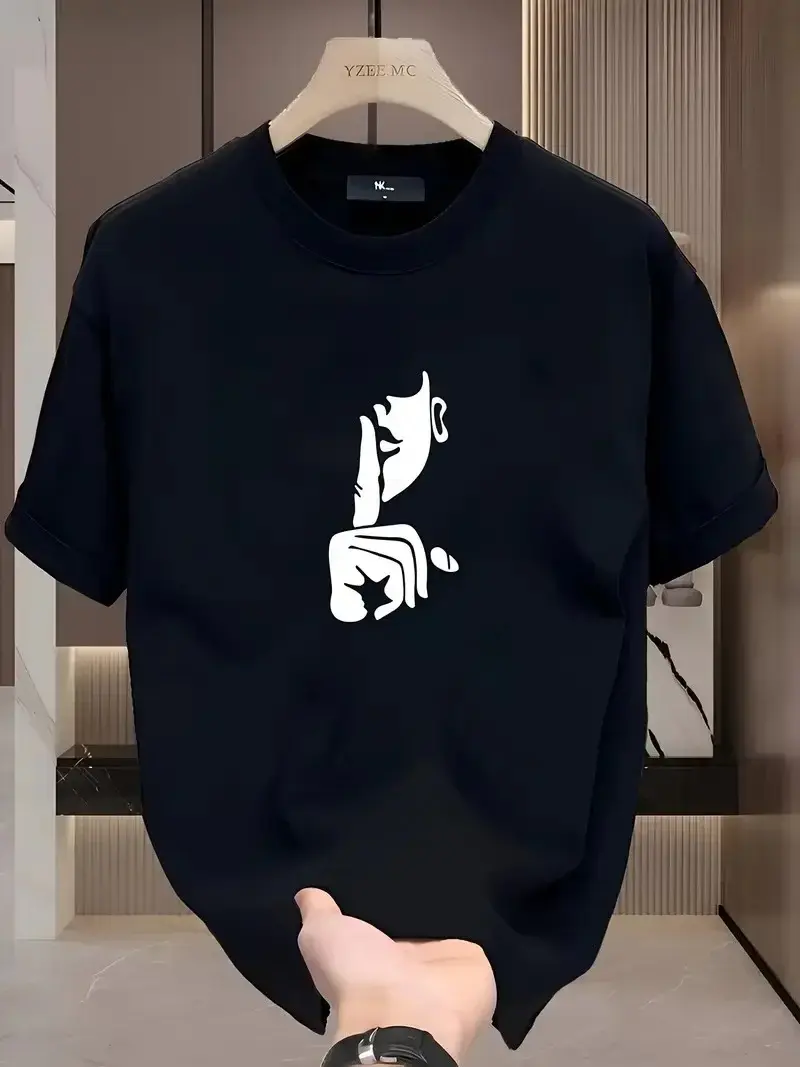 Rahat Bisiklet Yaka Tişört, Yaratıcı Karikatür Baskı - Yumuşak Polyester, Her Mevsim Giyilebilir- Siyah