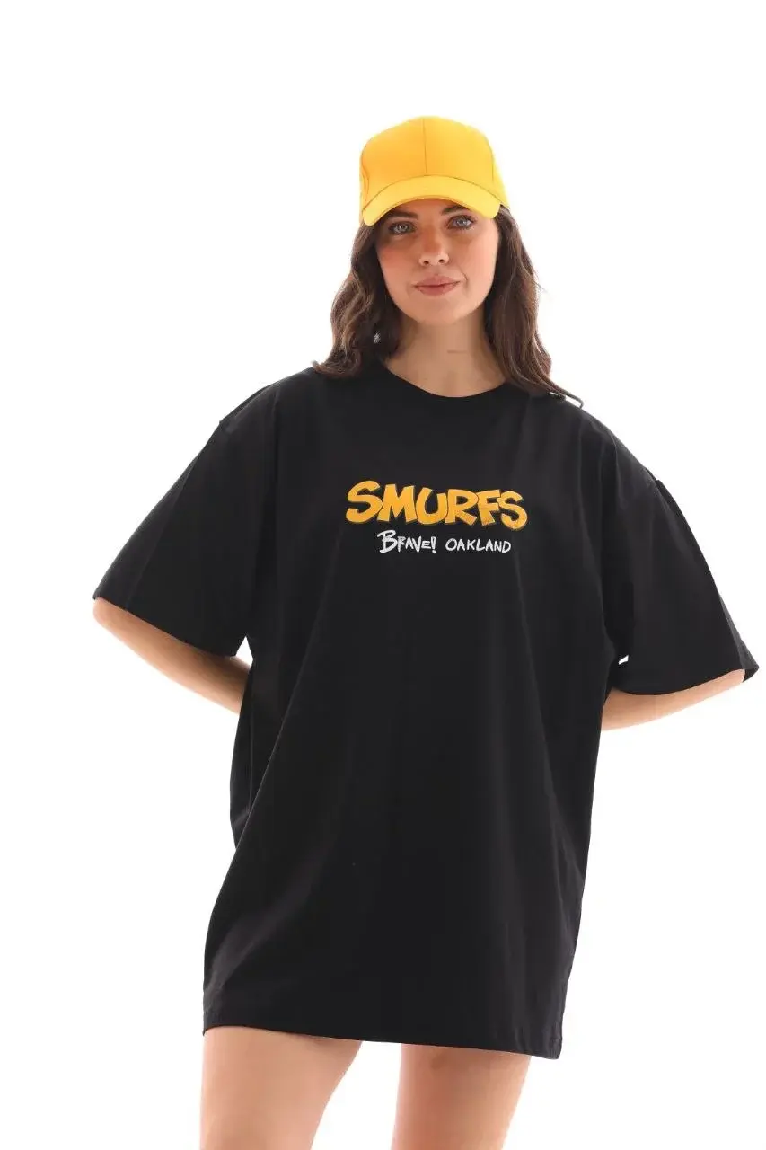 Unisex Bisiklet Yaka Baskılı Oversize T-Shirt - Siyah