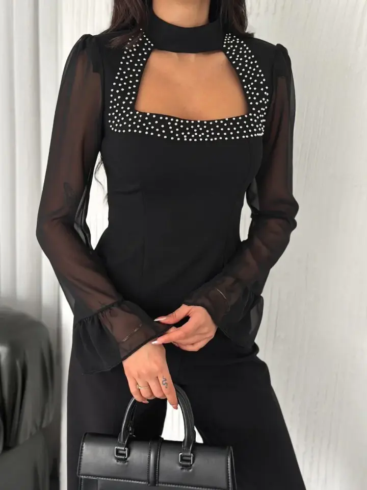 Penye Uzun Kollu Kadın Kolları Şifon Göğüste İnci Boncuk detaylı Bluz - Siyah