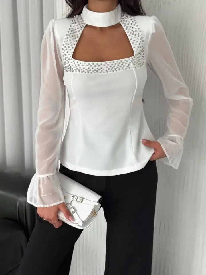 Penye Uzun Kollu Kadın Kolları Şifon Göğüste İnci Boncuk detaylı Bluz - Beyaz