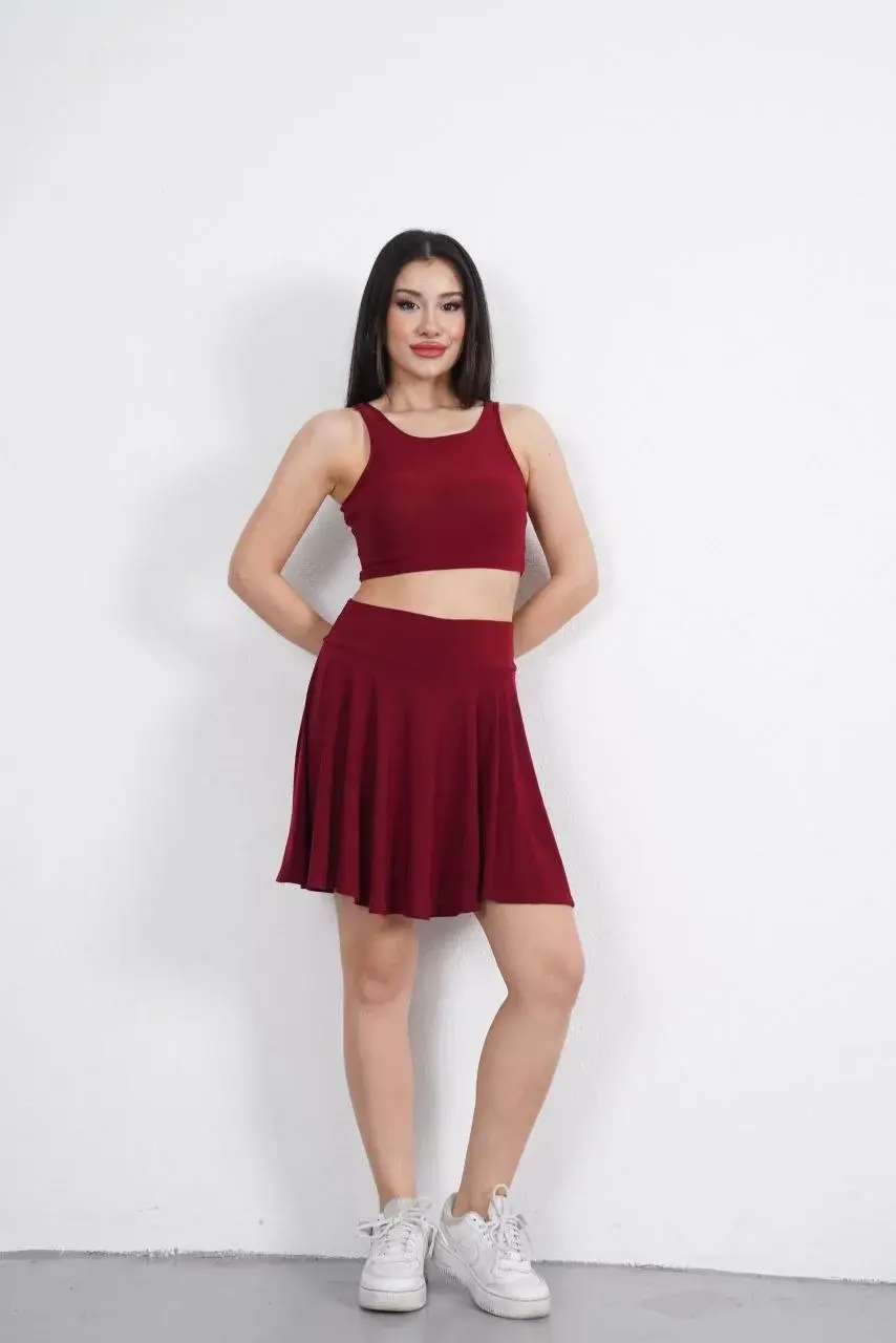 Sendy Kumaş Bisiklet Yaka Crop Şortlu Etek ikili Takım - Bordo