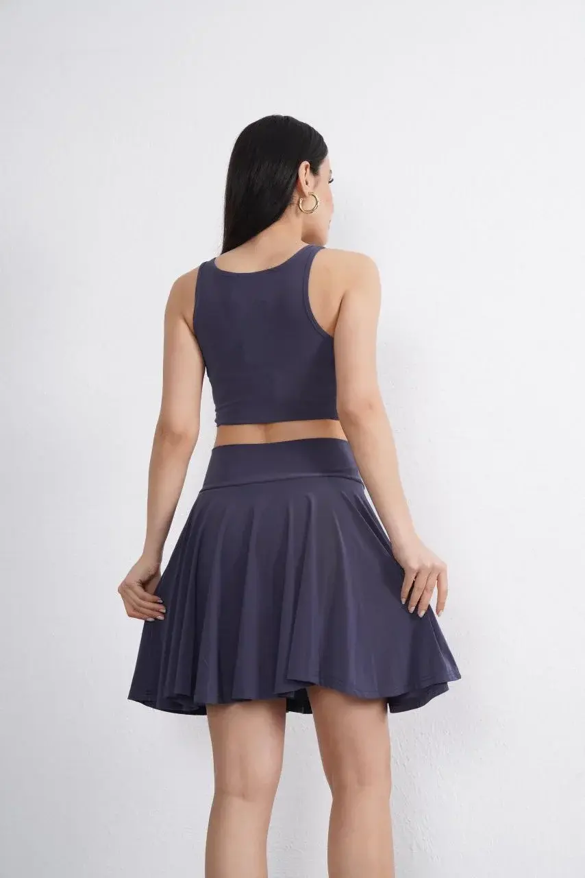 Sendy Kumaş Bisiklet Yaka Crop Şortlu Etek ikili Takım - Antrasit