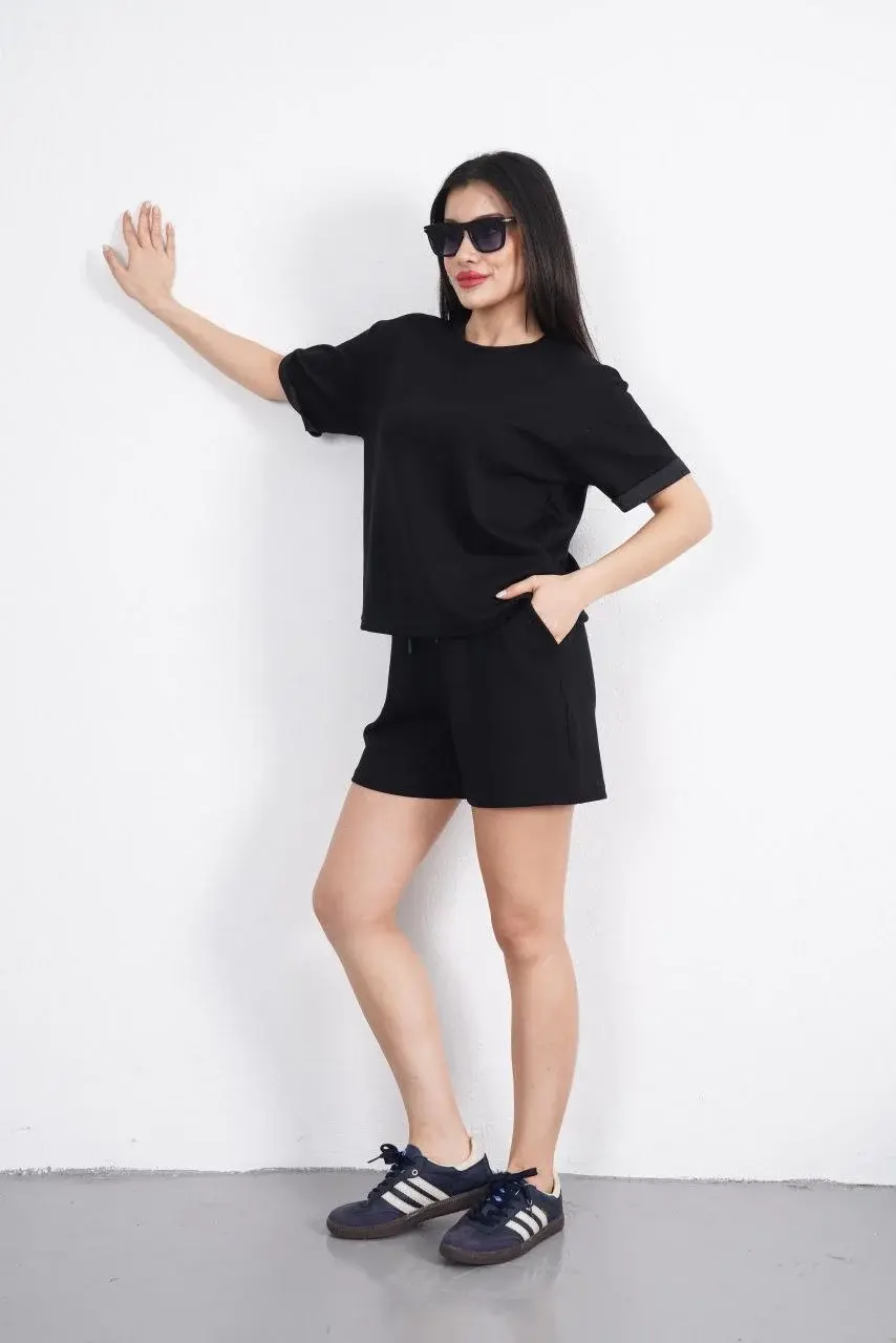 Osy Modal yumuşak dokulu Kumaş Kadın Bisiklet Yaka T-shirt Kısa Şort İkili Takım - Siyah
