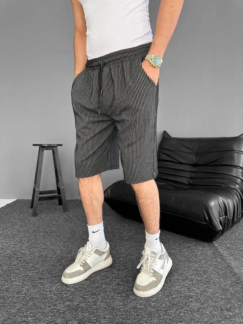 Su Yolu Çizgili Ön Arka Cepli Şort Yazlık Nefes Alabilir - Siyah