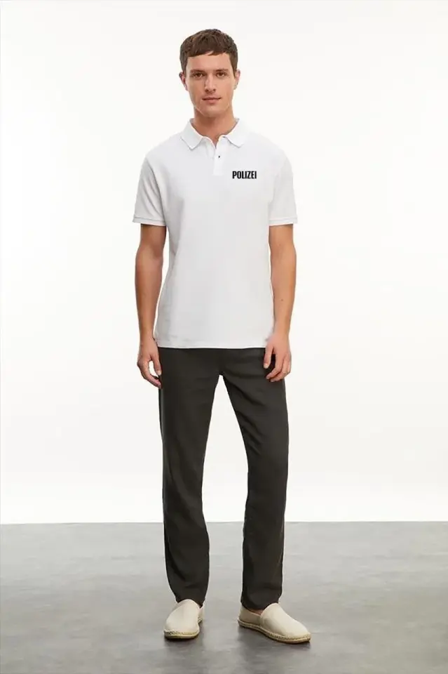 Yakası Düğmeli Yakalı Pike Baskılı T-Shirt - Beyaz