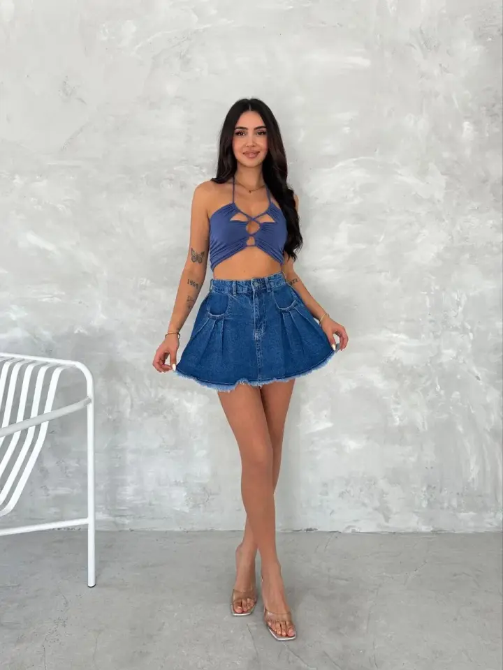 Şık Pileli Yazlık Mini Etekli Kot- Saks Mavisi