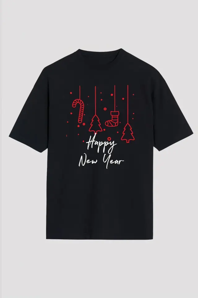 Happy New Year Baskılı T-shirt - Siyah