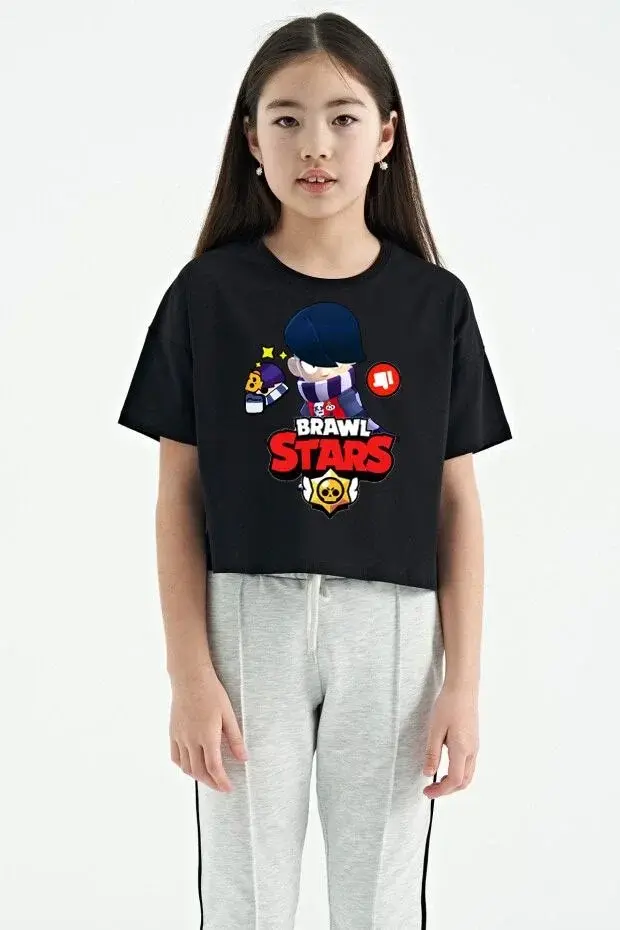 Unisex Bisiklet Yaka Kısa Kol Baskılı Çocuk T-Shirt - Siyah