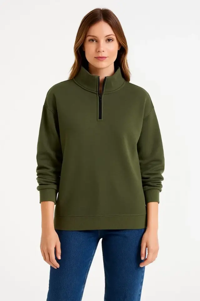 Kadın Üç İplik Dık Yaka Yarım Fermuarlı SweatShirt - Haki