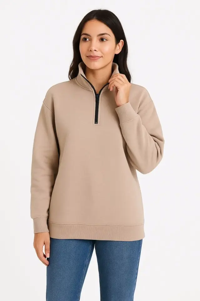 Kadın Üç İplik Dık Yaka Yarım Fermuarlı SweatShirt - Bej