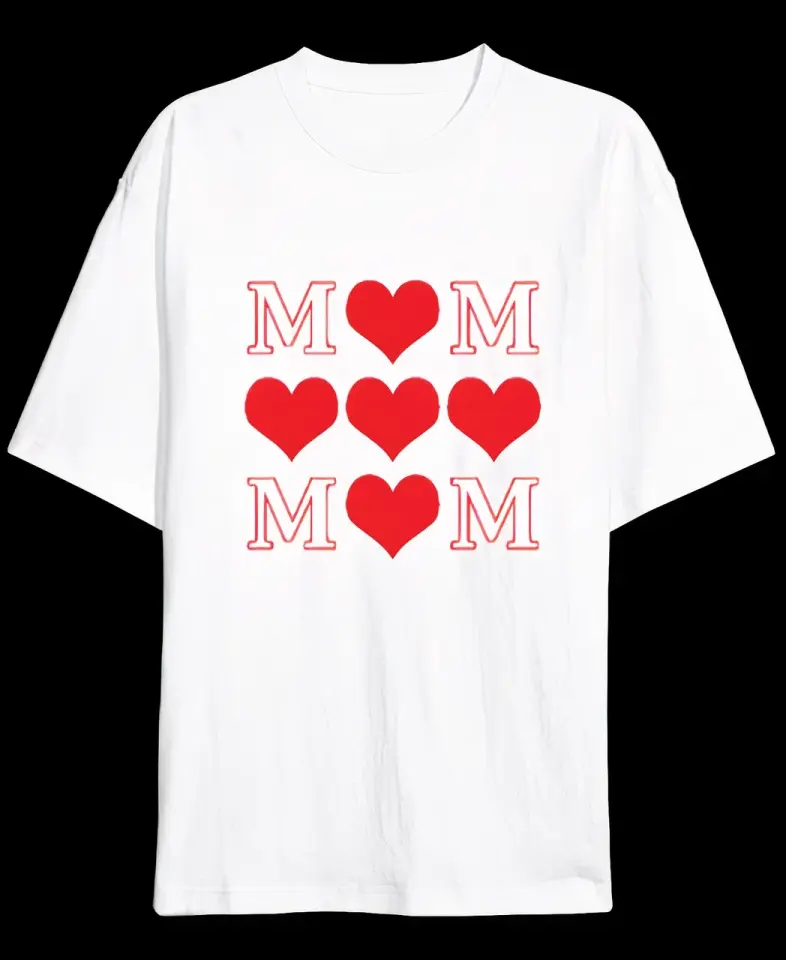 Anneler Gününe Özel Tasarım MOM Kalp Baskılı T-shirt - Beyaz