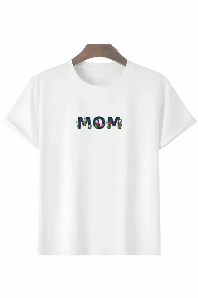 Anneler Gününe Özel Tasarım mom Çiçek Baskılı T-shirt - Beyaz