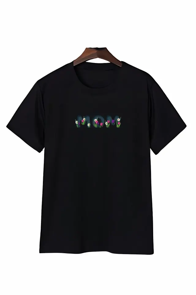Anneler Gününe Özel Tasarım mom Çiçek Baskılı T-shirt - Siyah