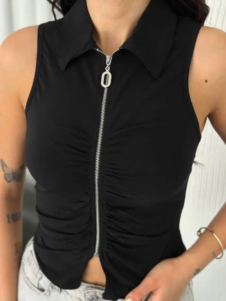 Yakalı Tam Fermuarlı Kolsuz Bluz - Siyah