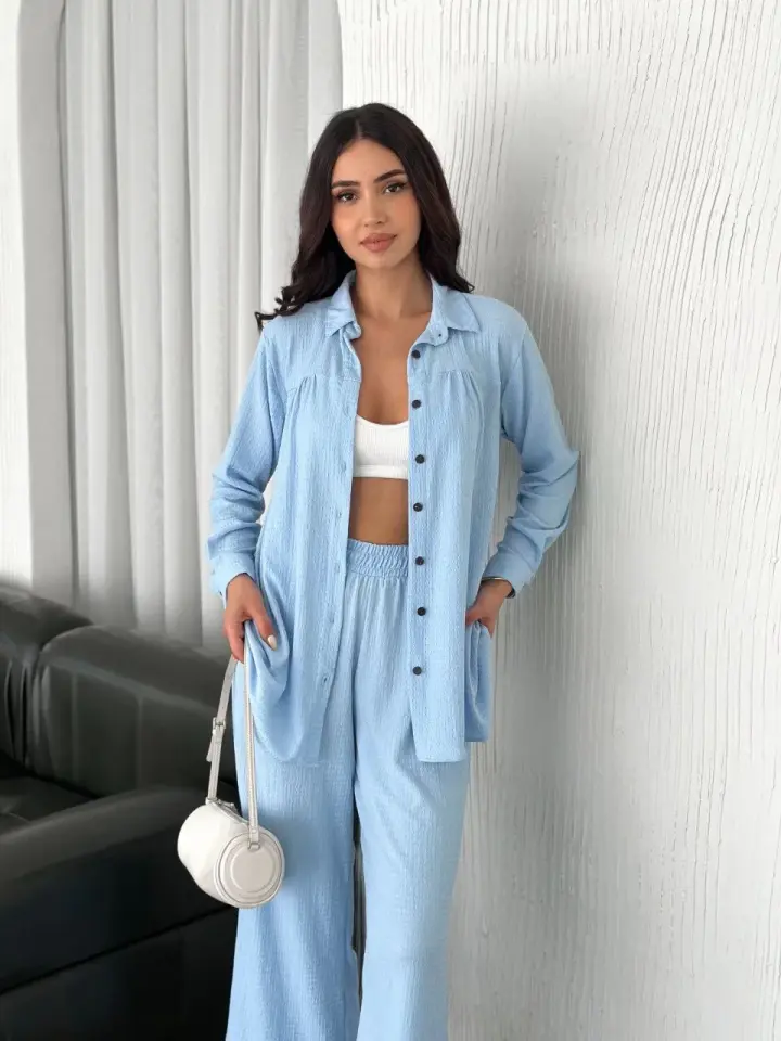 Yakalı Düğmeli Uzun Kollu Gömlek Pantolon ikili Takım - Bebek Mavisi