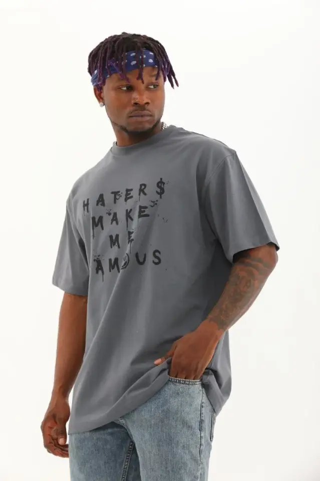 Unisex Oversize Baskılı Bisiklet Yaka T-Shirt - Füme