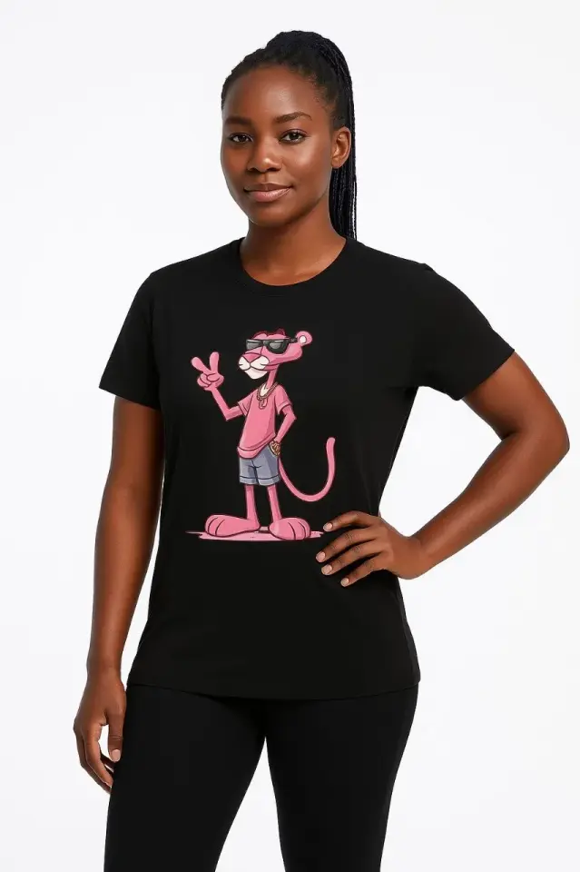 Kadın Bisiklet Yaka Kısa Kollu Baskılı T-shirt - Siyah