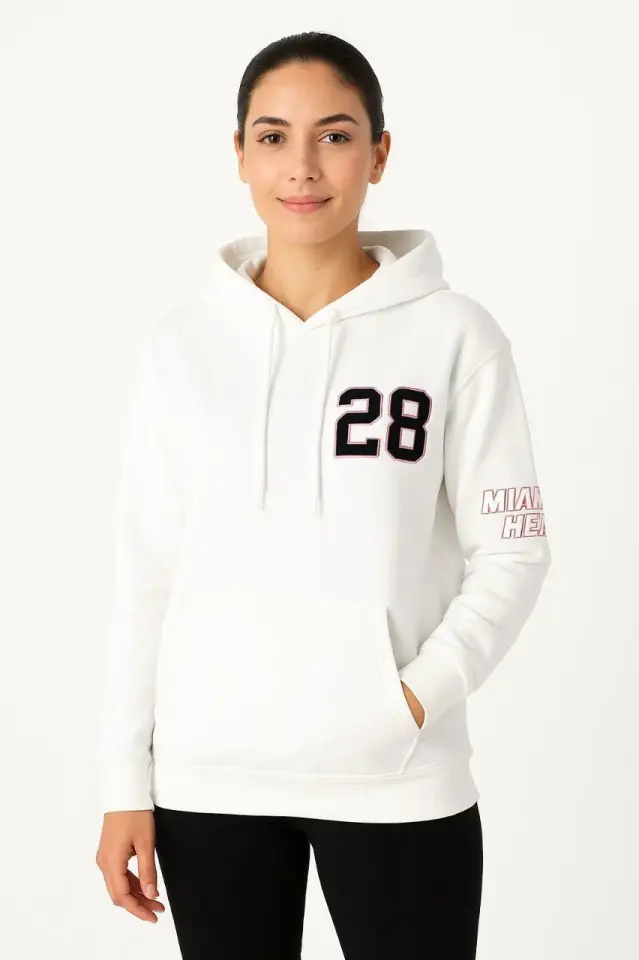 Kadın Üç İplik Kapüşonlu Ön ve Arka Baskılı SweatShirt hoodie - Beyaz