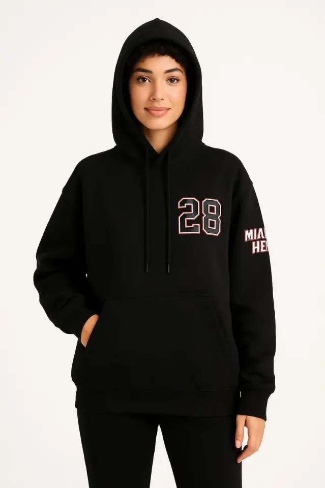 Kadın Üç İplik Kapüşonlu Ön ve Arka Baskılı SweatShirt hoodie - Siyah
