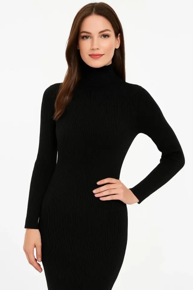 Kadın Boğazlı Uzun Fitilli Triko Dokuma Elbise - Siyah