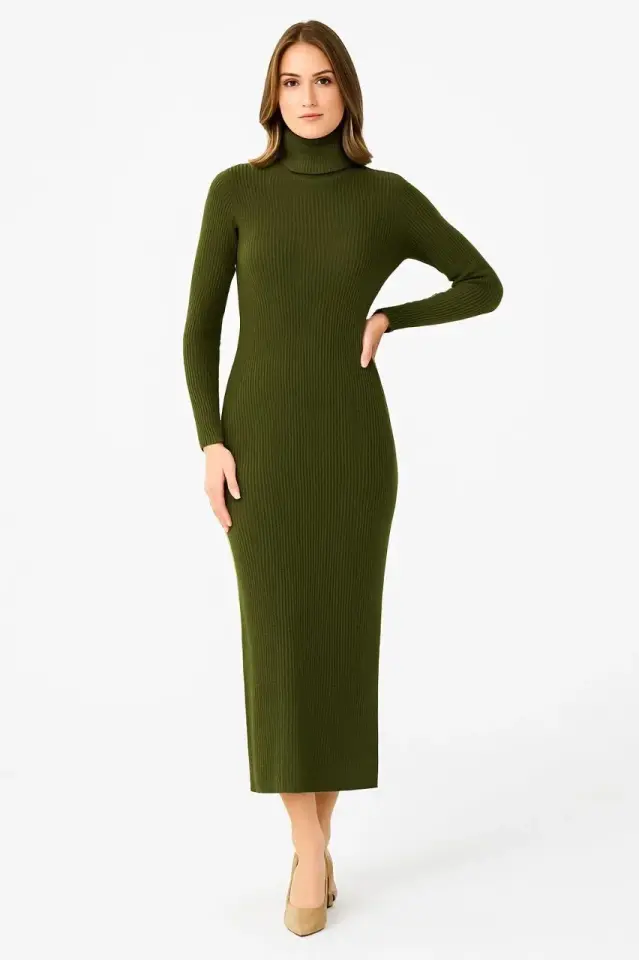 Kadın Boğazlı Uzun Fitilli Triko Dokuma Elbise - Haki