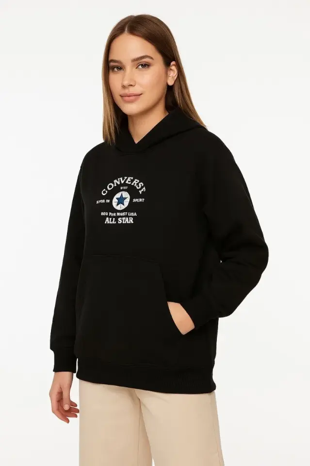 Üç İplik Kapşonlu ön ve Arka Baskılı SweatShirt hoodie- Siyah