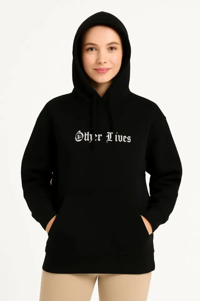 Kadın Üç İplik Kapşonlu ön ve Arka Baskılı SweatShirt hoodie- Siyah
