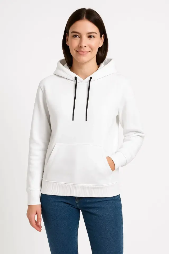 Kadın Üç İplik Kapüşonlu Kanguru Çepli SweatShirt hoodie - Beyaz